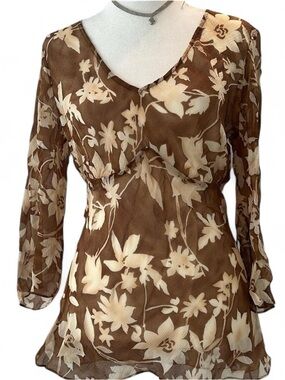 Tommy Bahama Brown and Cream Floral Sheer Blouse